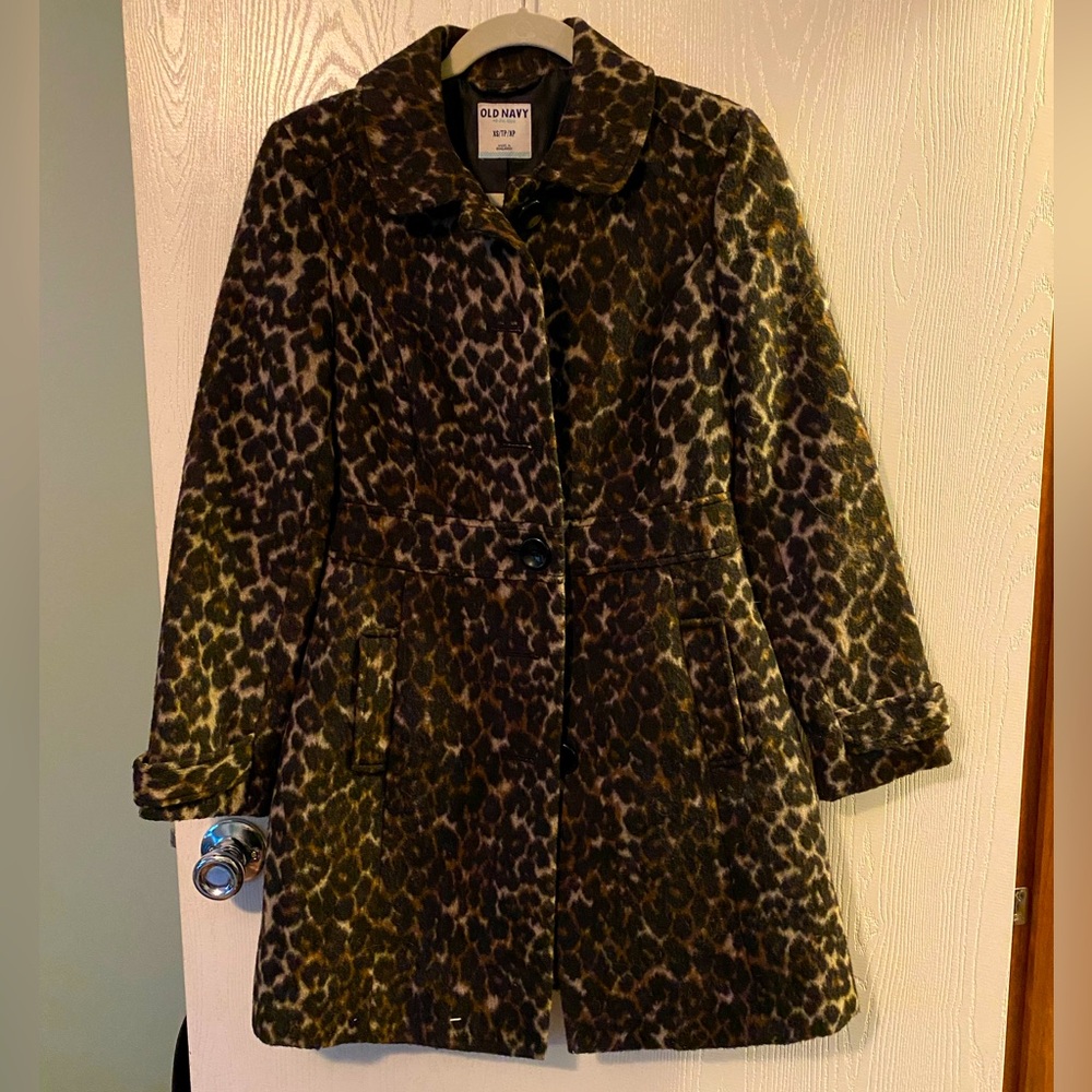 EUC Single-Breasted Wool-Blend Leopard Coat